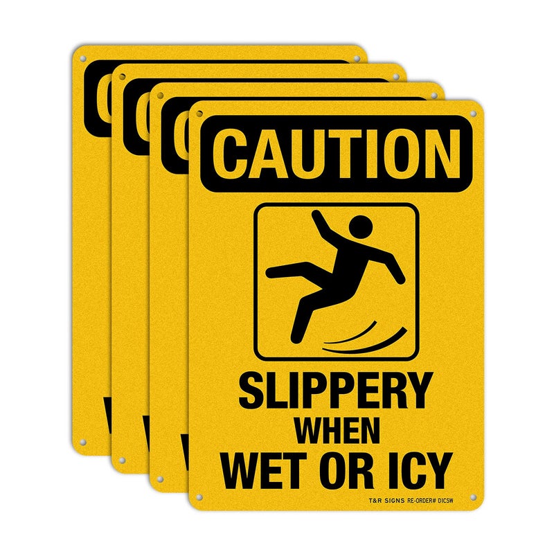 TR Slippery When Wet Or ICY Sign, Caution Sign, 4 Pack, 10" x 7" Rust Free .040 Aluminum, UV Protected, Waterproof, Weatherproof and Fade Resistant, 4 Pre-drilled Holes - Image 1